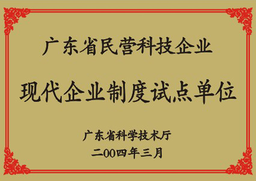 2004年廣東省民營科技企業(yè)現(xiàn)代企業(yè)制度試點單位證書